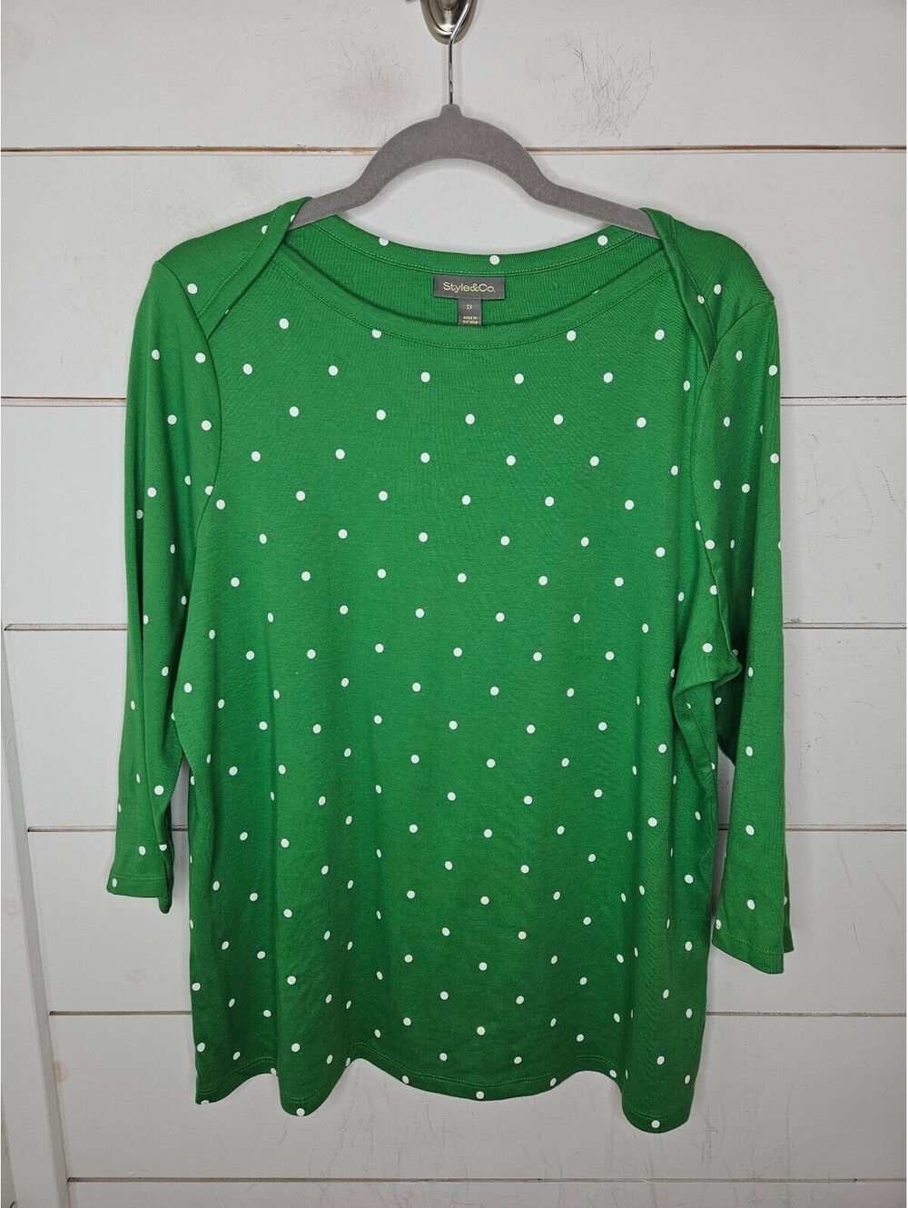 Style & Co. 0X green & white polka dots 100% supima cotton 3/4 sleeve tee shirt